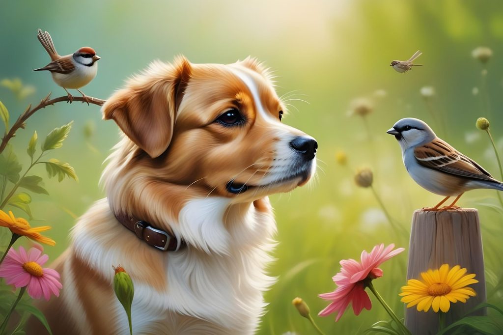 ai generated, dog, sparrows, animal story, the brothers grimm, nature, animal, classic fairytale, pet, folktale, flowers